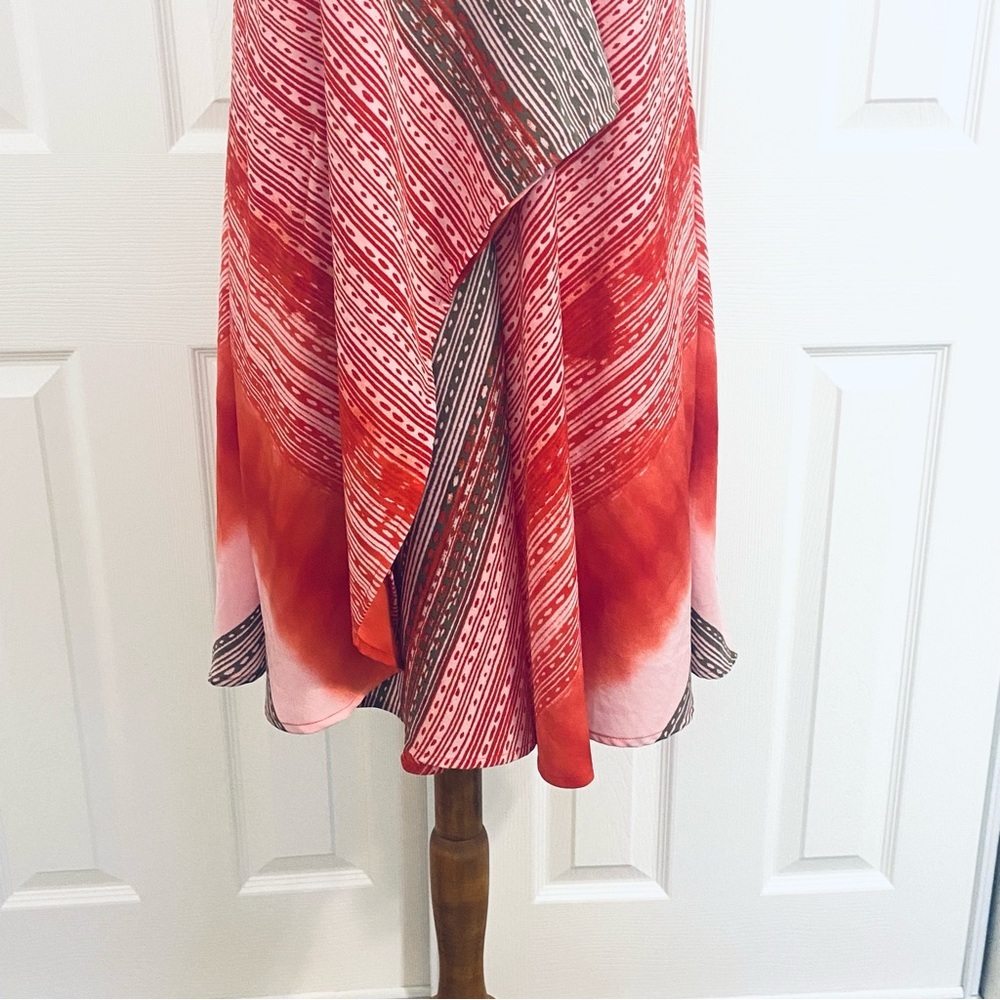 DKNY Halter Swing Dress Womens Sz S Red Striped Layered Asymmetrical Scarf Dress - Picture 4 of 9